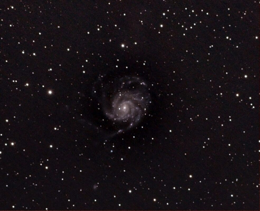 Cropped view of the Pinwheel Galaxy using my Sky-Watcher Evostar 72ED and Canon DSLR in 2019