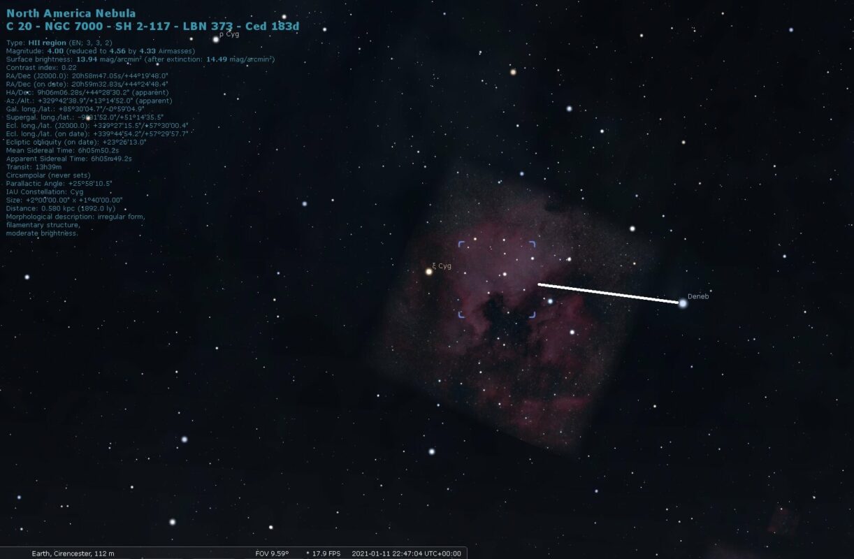 Find the bright star Deneb in the constellation of Cygnus to find the NA & Pelican nebulae