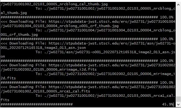 Screenshot of JWST data downloading