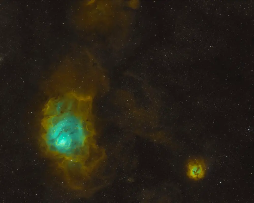 Lagoon & Trifid Nebulae in SHO using Telescope Live data