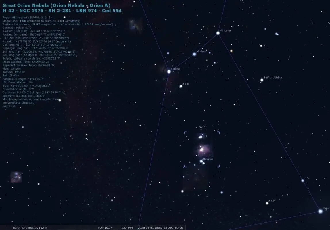 Stellarium view of the Orion Nebula location