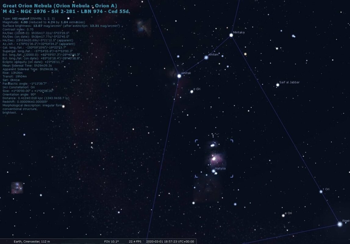 Stellarium view of the Orion Nebula location