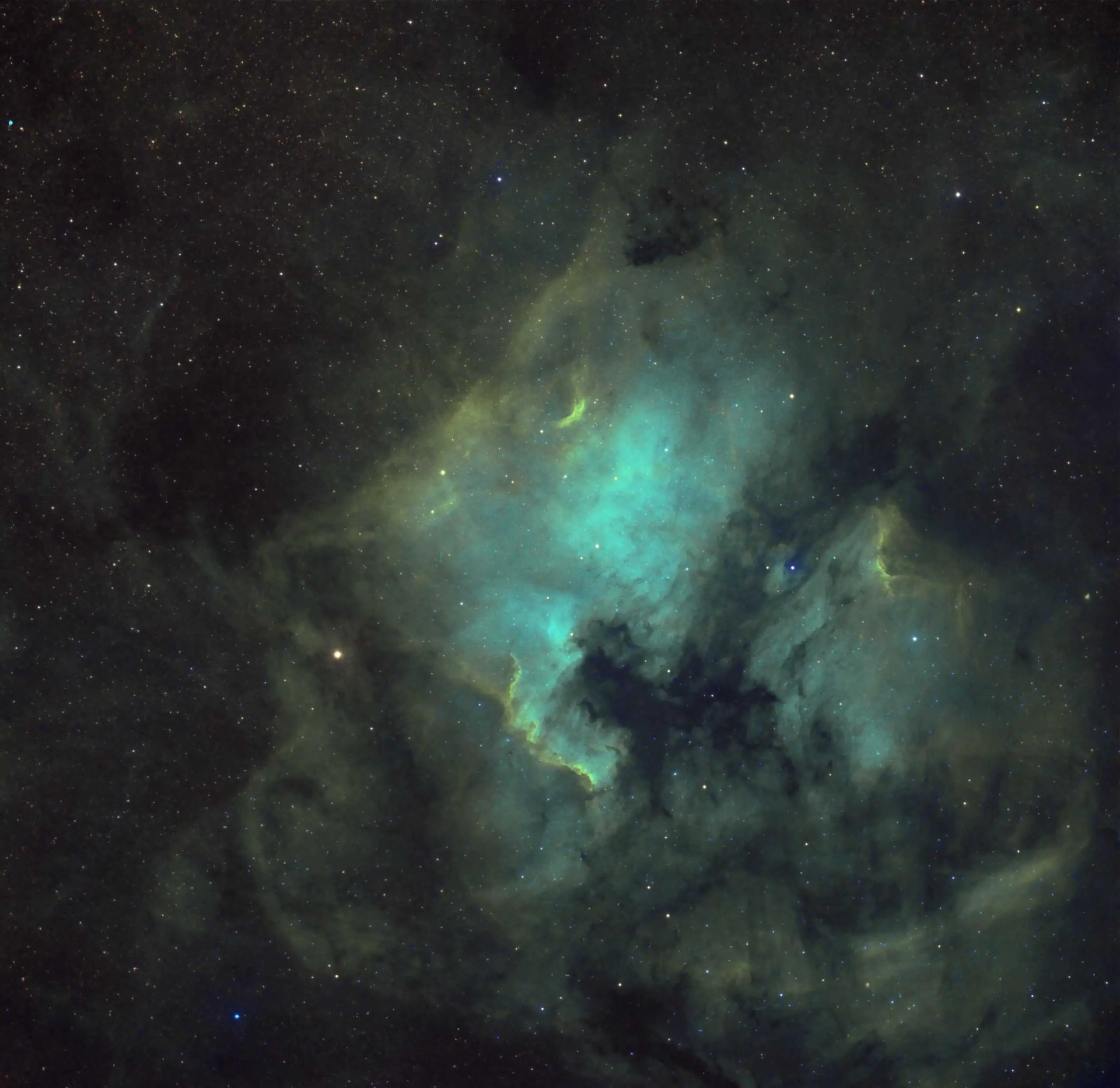 North America & Pelican nebulae in SHO palette using data from Telescope Live